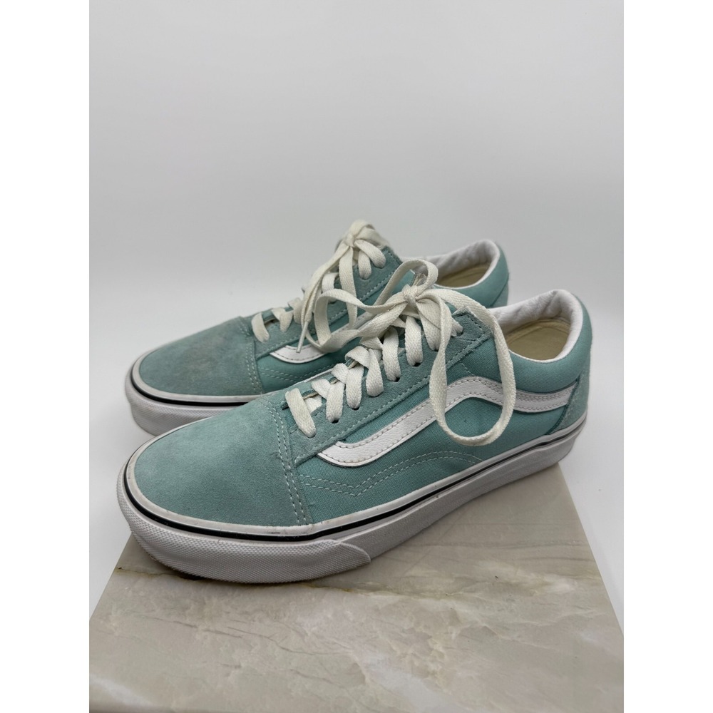VANS Old Skool Mint Green Blue Leather Skate Shoe Women's 8 Men's 6.5 Retro